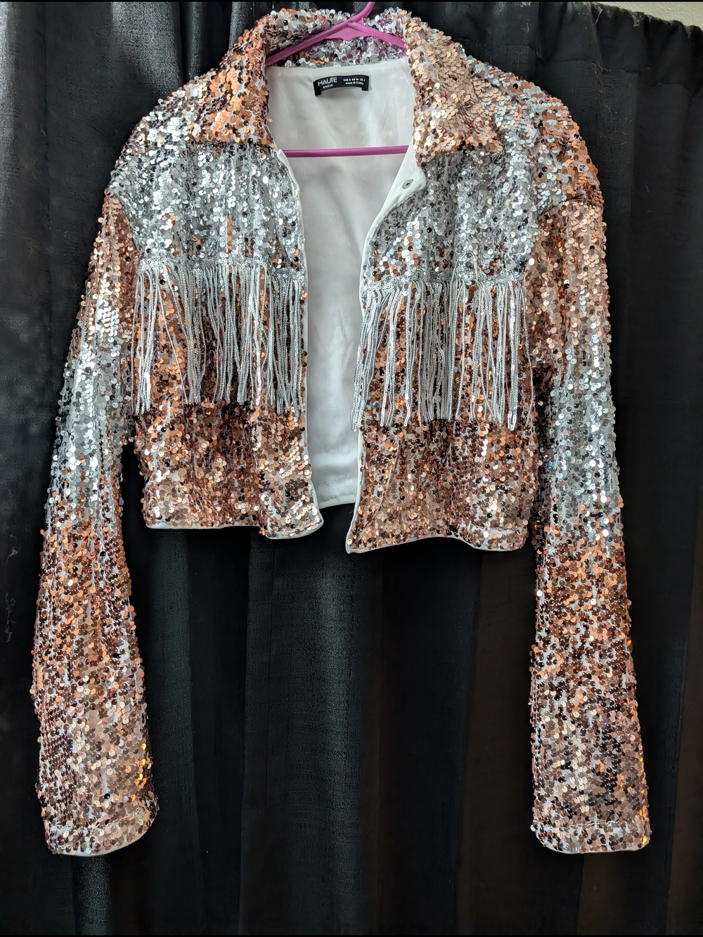SHEIN Rose Gold & Silver Sequin Fringe Cropped Jacket